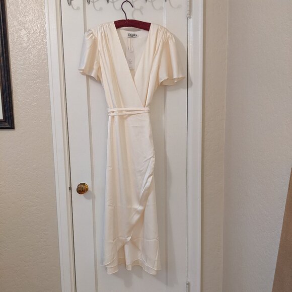 Ivory V-Neck Satin Wrap Midi Dress - Picture 1 of 9
